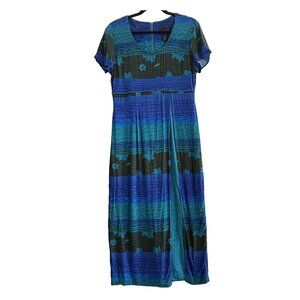 Vtg MISS SCARLETT Women Maxi Dress Sz 10 Blue Rayon Short Sleeve Boho 79-12